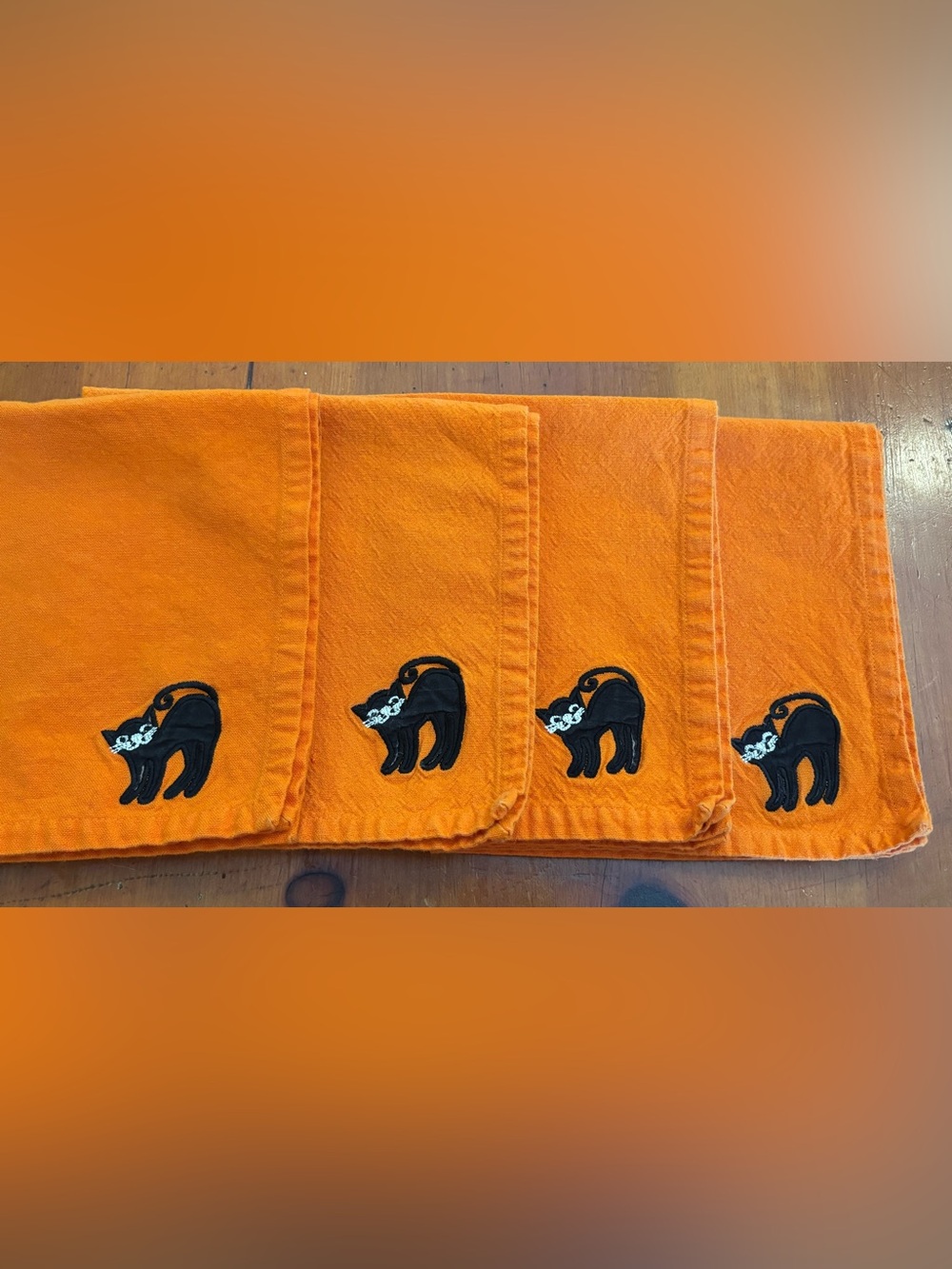 4 Vintage Embroidered Black Cat Cloth Napkins SET Halloween Cotton 17”x17”